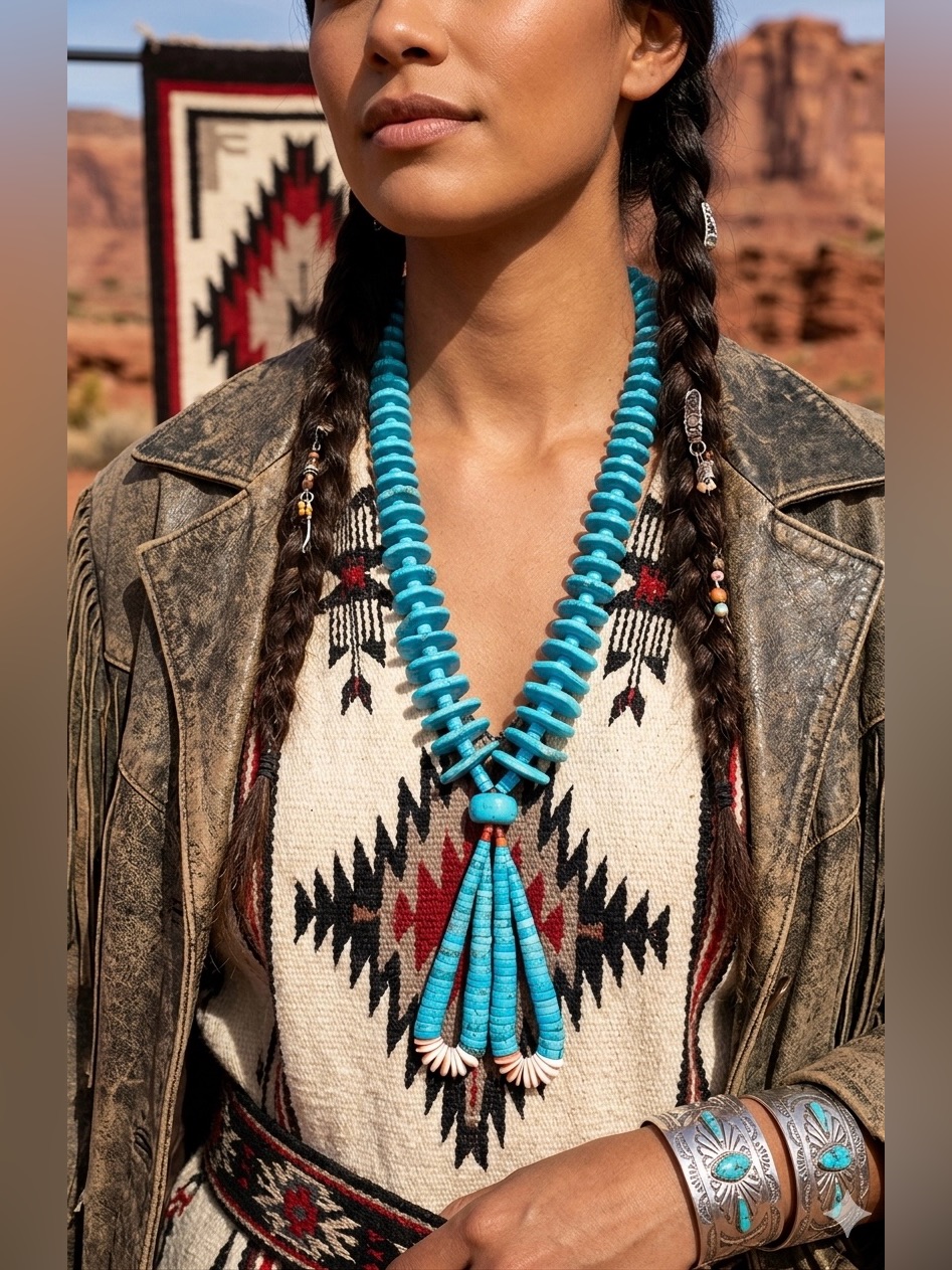 Santo Domingo Native American Natural Turquoise Heishi Beaded Jacla Necklace